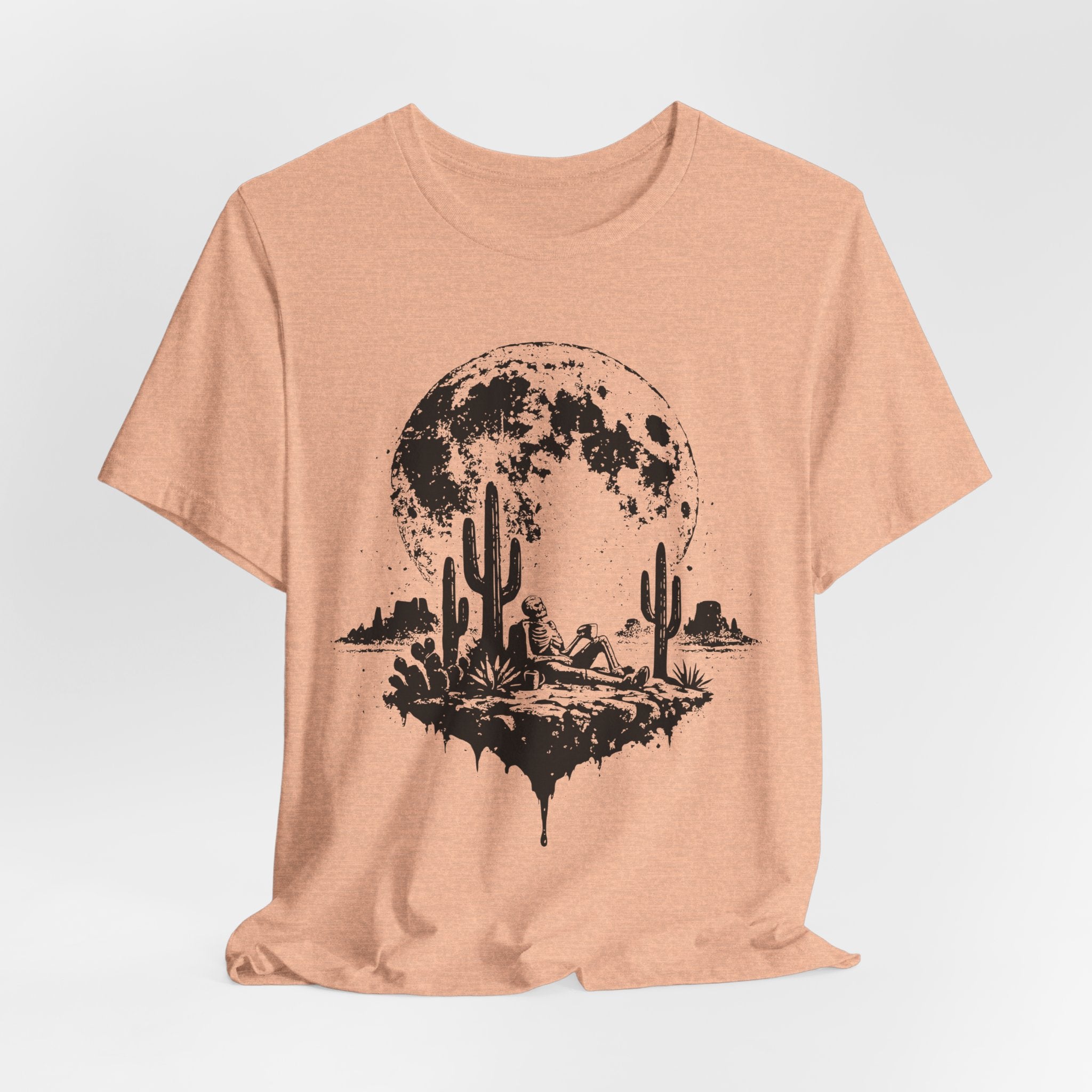 Skeleton Desert Coffee Tee in Heather True Royal detail - skeleton desert coffee close-up graphic, Barely Outdoorsy