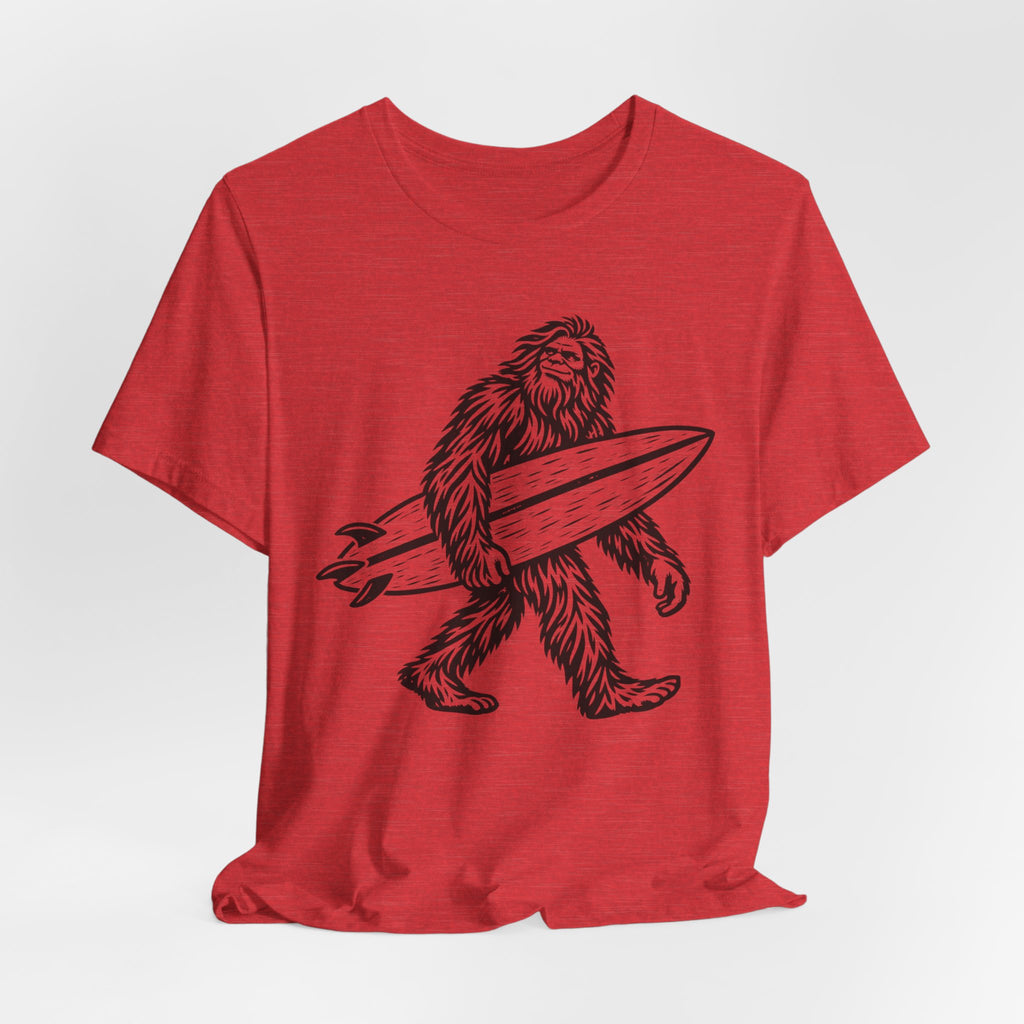 Surfing Bigfoot Tee in Heather Purple - funny surfing Bigfoot shirt, Barely Outdoorsy Bella Canvas 3001