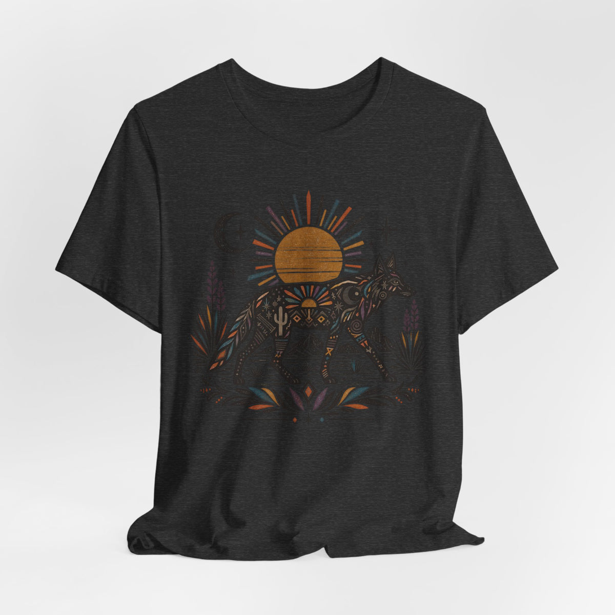 Boho Desert Sun Coyote T-Shirt in Black Heather - boho Southwest desert sun coyote mandala graphic tee, Barely Outdoorsy