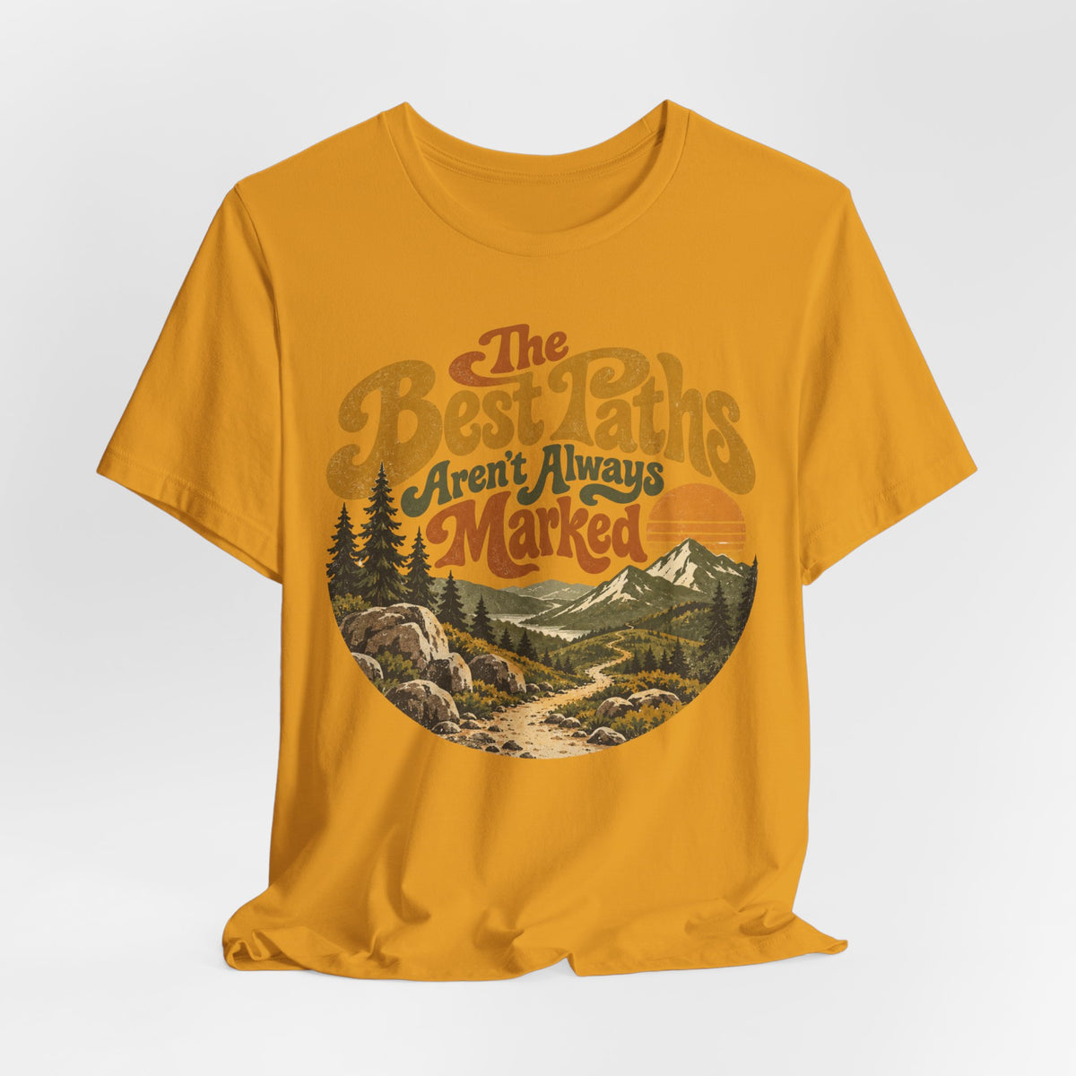 The Best Paths Aren't Always Marked Tee in Maroon - retro hiking path shirt, Barely Outdoorsy Bella Canvas 3001