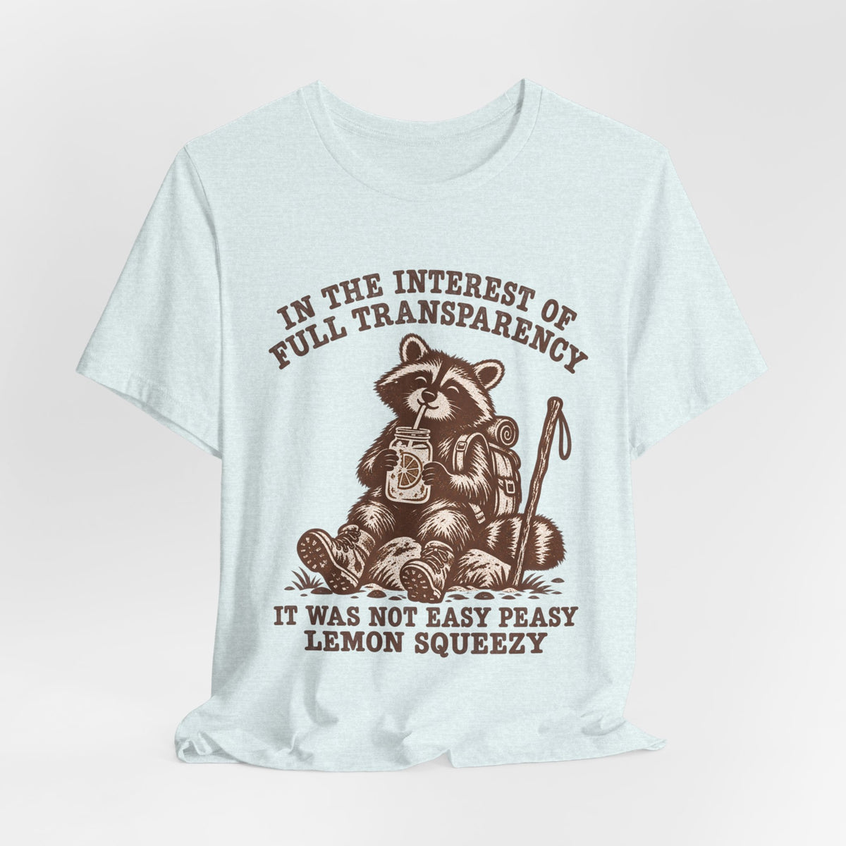 Full Transparency Raccoon Hiking Tee in Heather Peach - funny raccoon hiking humor shirt, Barely Outdoorsy Bella Canvas 3001