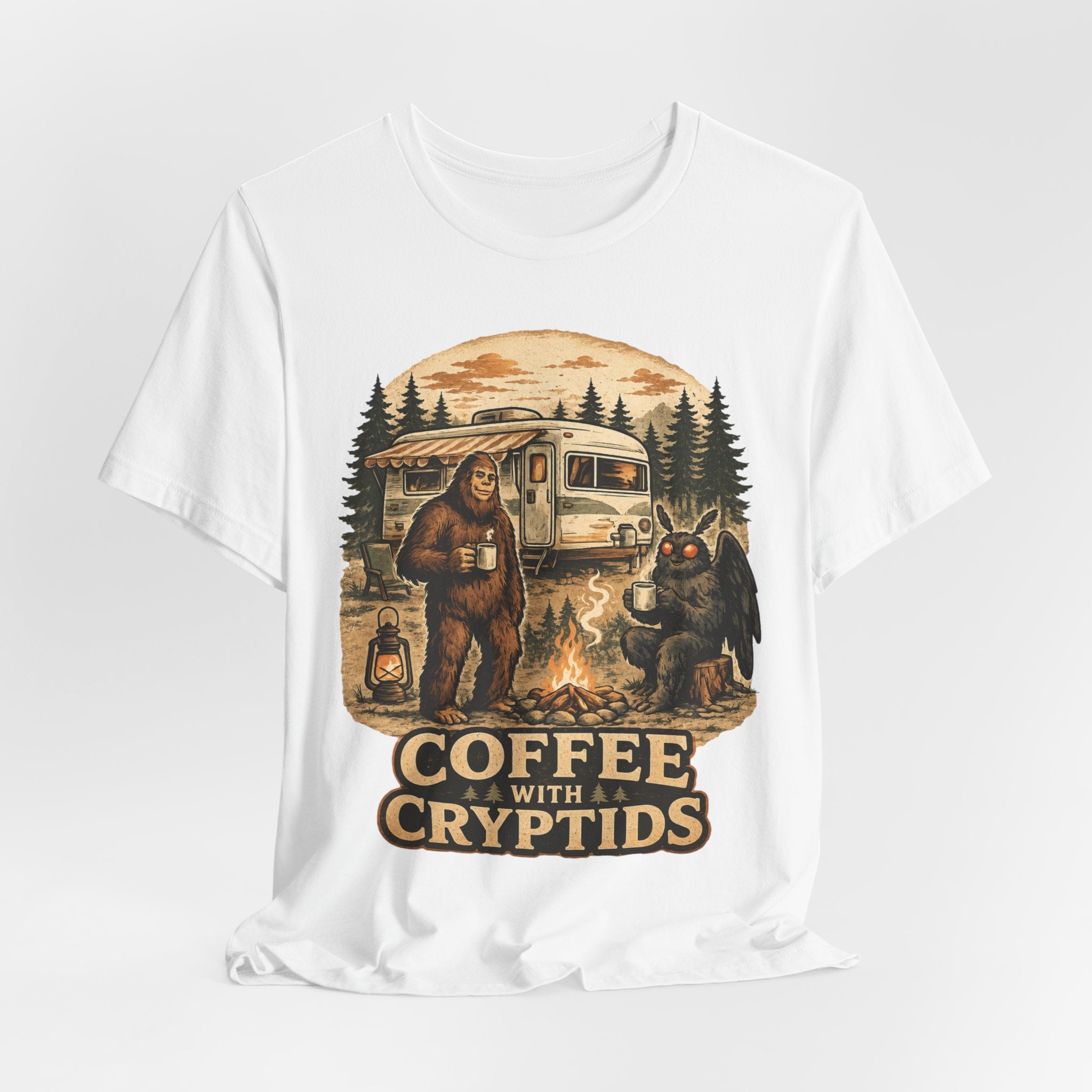 Coffee With Cryptids Tee flat lay Dark Grey Heather - unisex crew neck cryptid coffee graphic tee, Barely Outdoorsy