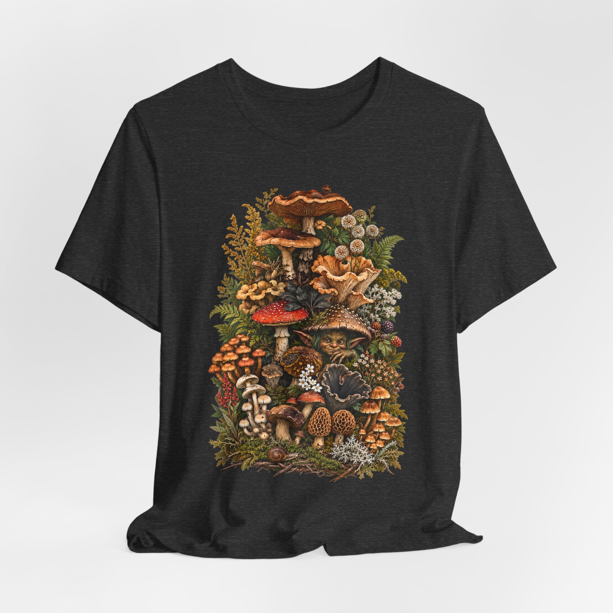 Mushroom Goblin Botanical Forager T-Shirt in Dark Grey Heather - goblincore botanical mushroom goblin graphic tee, Barely Outdoorsy Bella Canvas 3001
