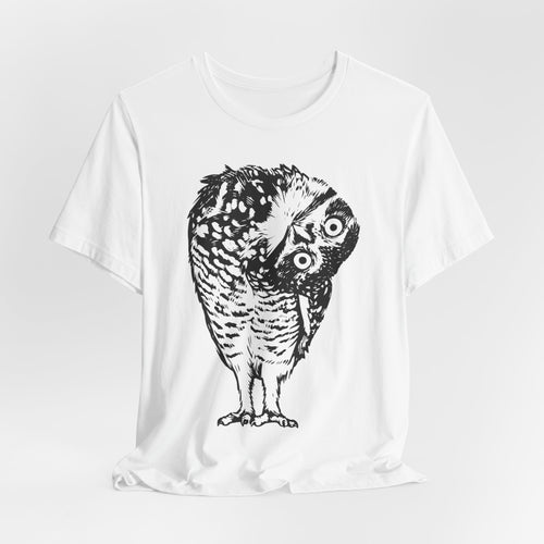 White unisex t-shirt with bold black and white graphic of a startled owl turning its head, Bella Canvas 3001