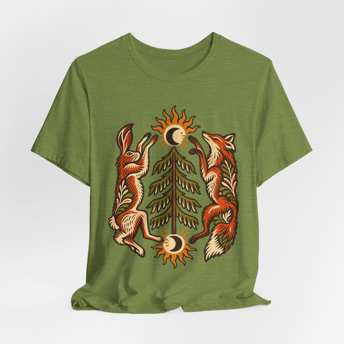 Fox and Hare Folk Art T-Shirt in Heather Dusty Blue - folk art fox and hare woodland wildlife graphic tee, Barely Outdoorsy
