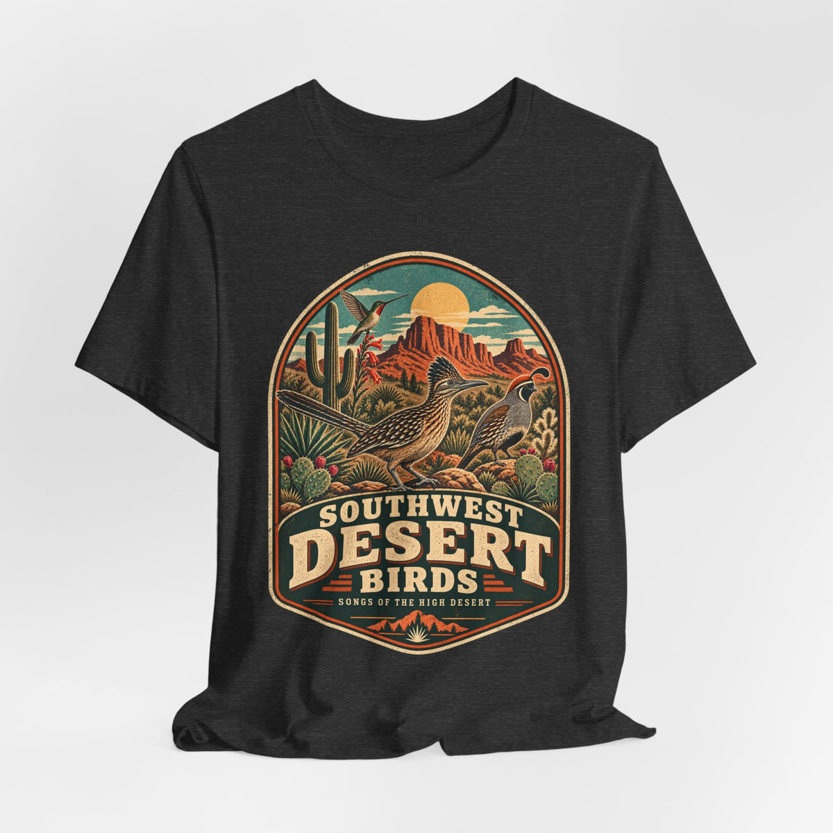 Southwest Desert Birds Tee flat lay Dark Grey Heather - unisex crew neck desert birds graphic tee, Barely Outdoorsy