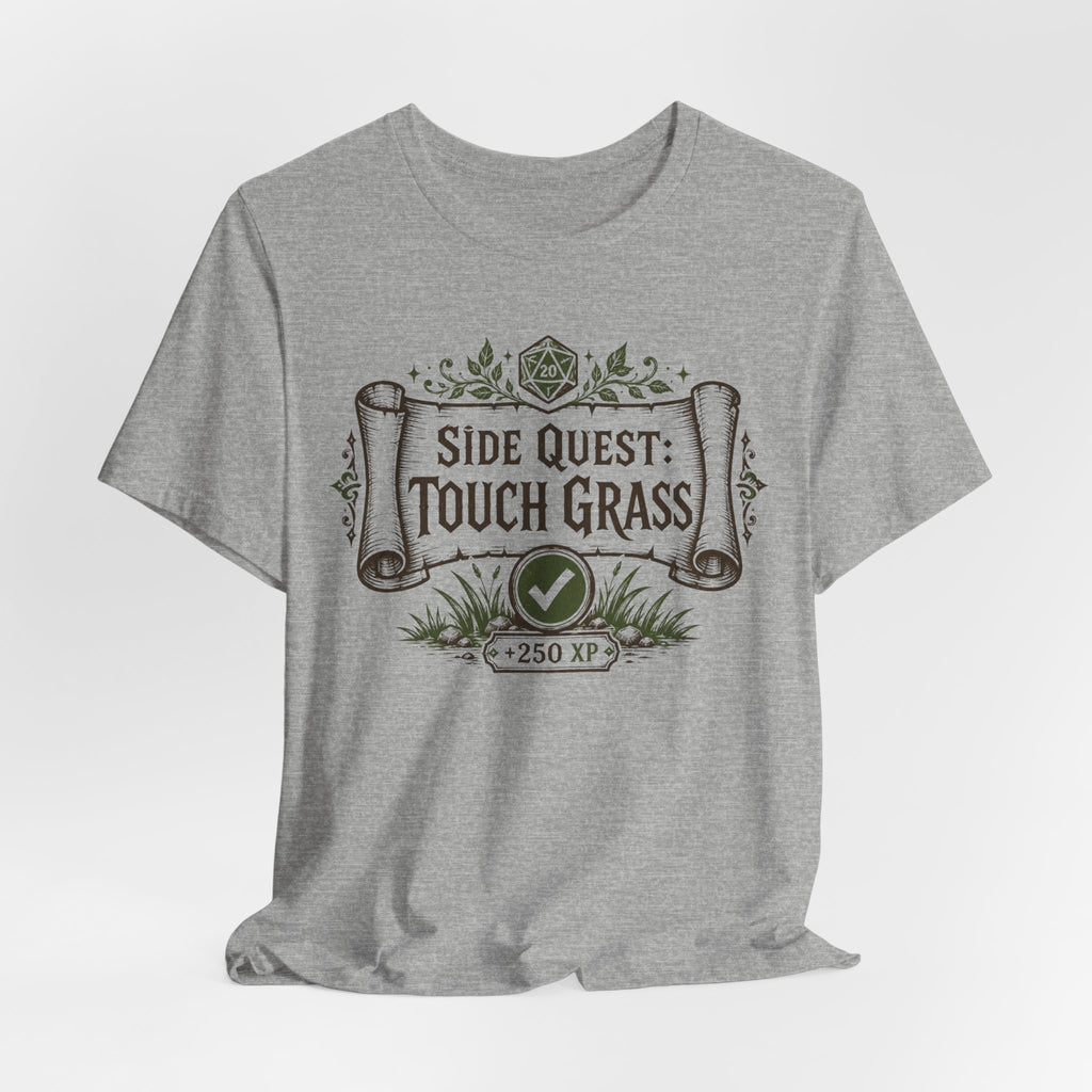 Side Quest Touch Grass T-Shirt flat lay Athletic Heather - unisex crew neck D&D RPG graphic tee, Barely Outdoorsy