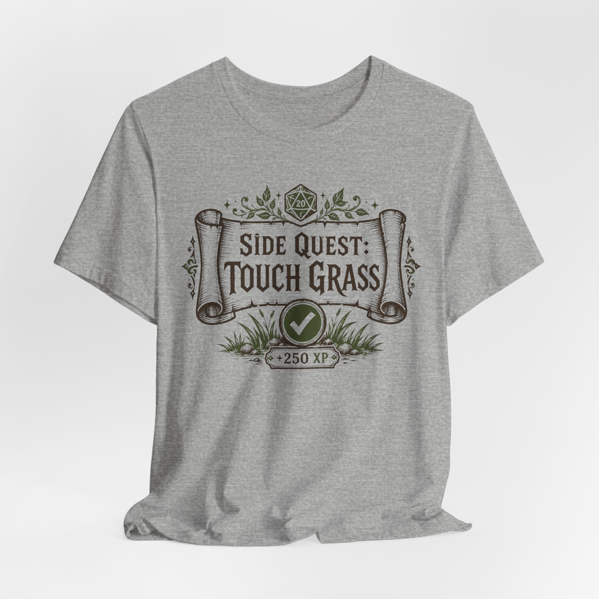 Side Quest Touch Grass T-Shirt flat lay Athletic Heather - unisex crew neck D&D RPG graphic tee, Barely Outdoorsy