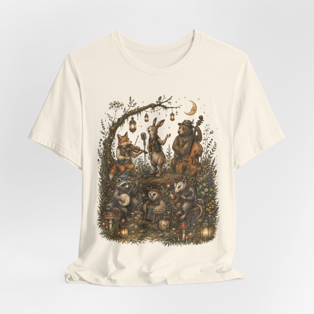Woodland Band Moonlight Concert Tee in Dark Grey Heather - moonlight forest band humor shirt, Barely Outdoorsy
