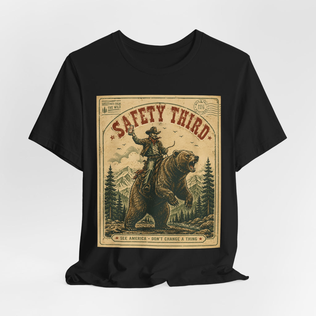 Safety Third Funny Bear Riding Cowboy T-Shirt