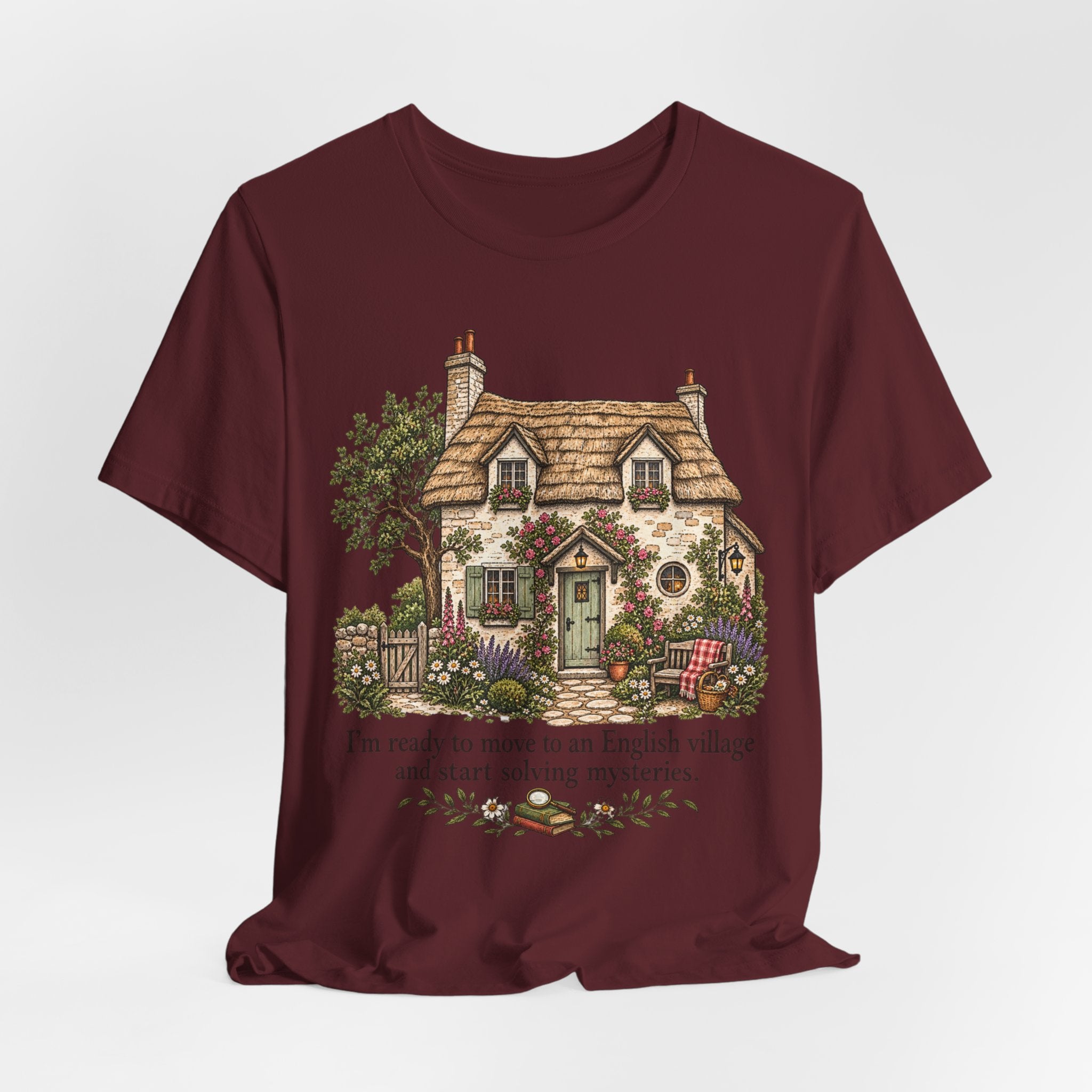 English Village Mysteries Funny Cozy T-Shirt in Mauve - cottagecore mystery village graphic tee, Barely Outdoorsy
