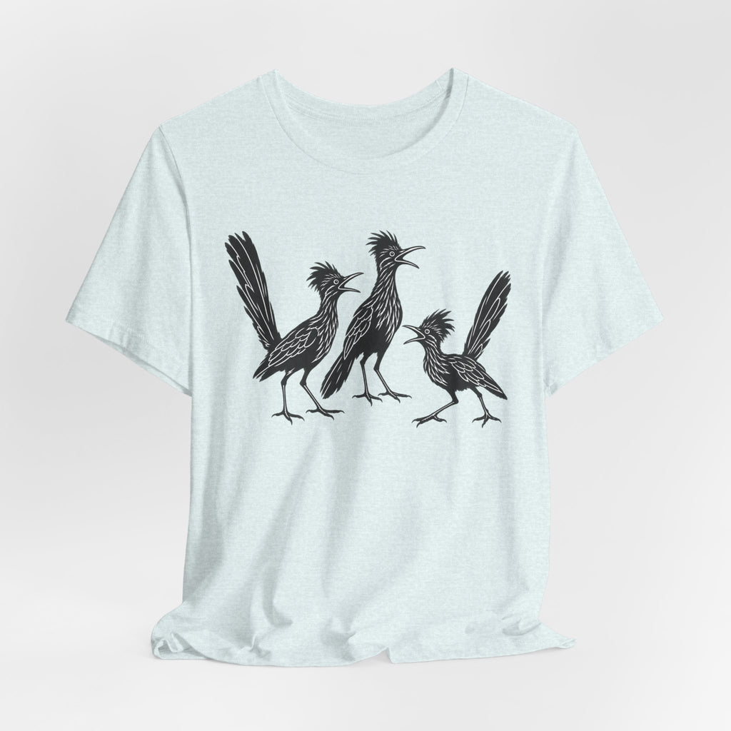 Roadrunner Gossip Tee in Heather Ice Blue - funny roadrunner gossip shirt, Barely Outdoorsy Bella Canvas 3001
