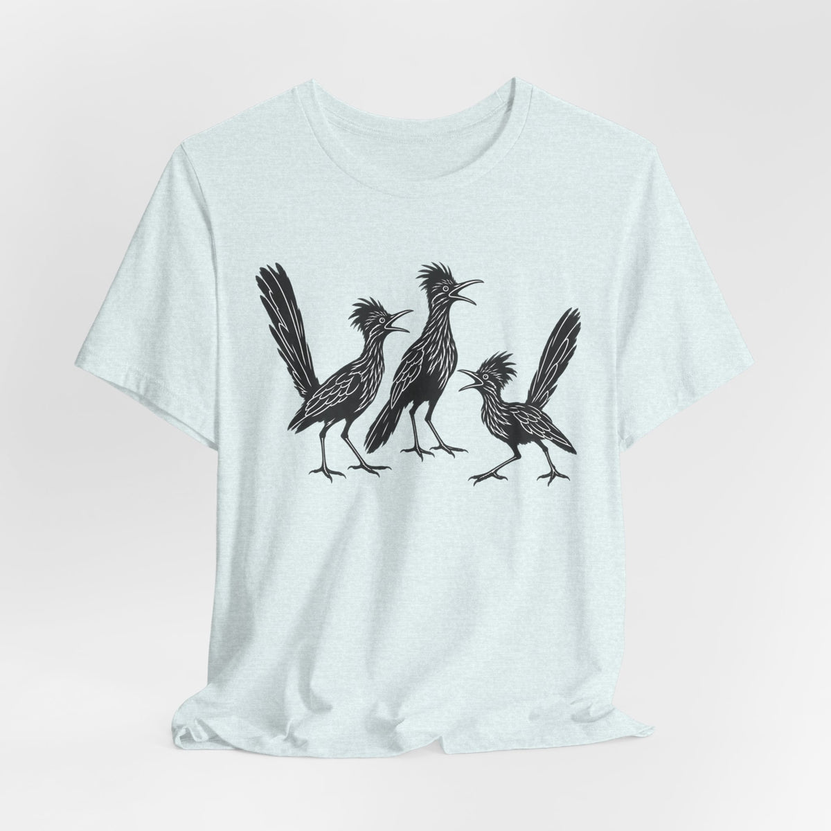 Roadrunner Gossip Tee in Heather Ice Blue - funny roadrunner gossip shirt, Barely Outdoorsy Bella Canvas 3001