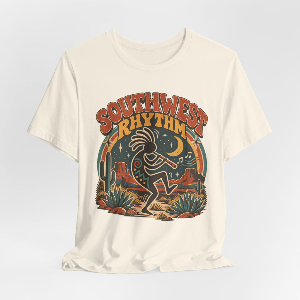 Southwest Rhythm Kokopelli T-Shirt in White - retro Kokopelli rhythm graphic tee, Barely Outdoorsy Bella Canvas