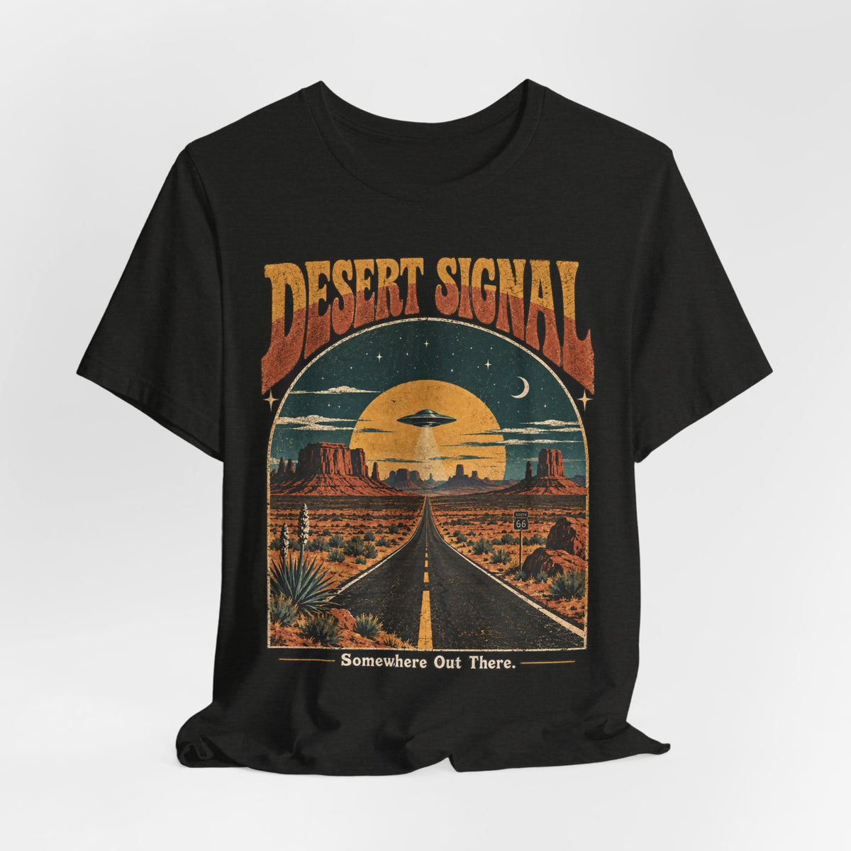 Desert Signal UFO Highway T-Shirt in Athletic Heather - retro desert UFO highway graphic tee, Barely Outdoorsy Bella Canvas 3001