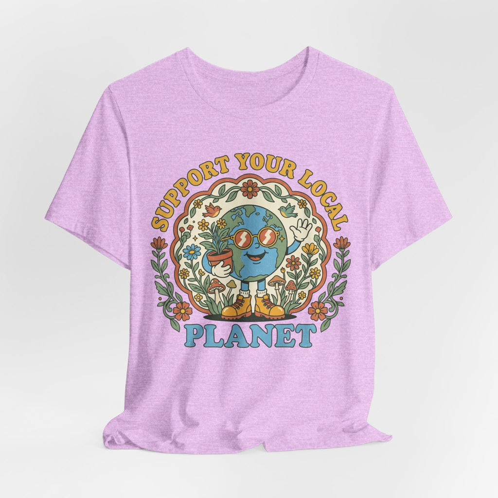 Support Your Local Planet Tee in Heather Peach - environmental humor outdoor shirt, Barely Outdoorsy Bella Canvas