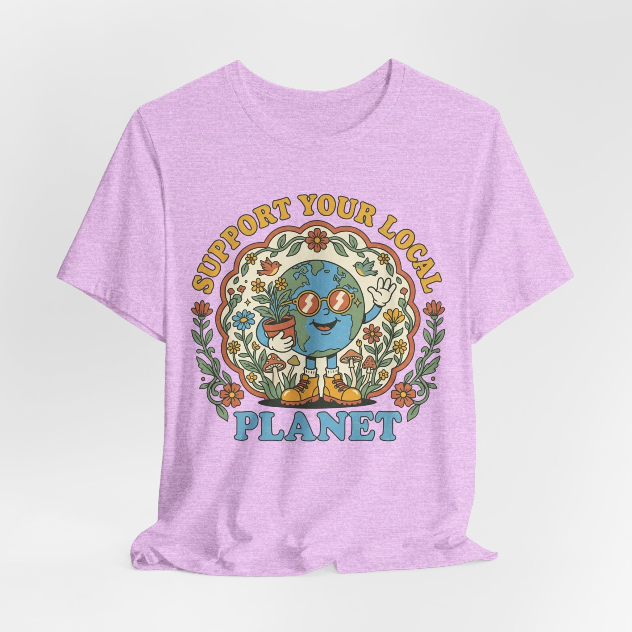 Support Your Local Planet Tee in Heather Peach - environmental humor outdoor shirt, Barely Outdoorsy Bella Canvas
