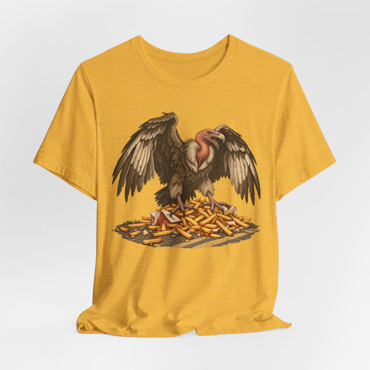 Roadside Fries Vulture T-Shirt in Heather Red - funny vulture roadside fries scavenger humor graphic tee, Barely Outdoorsy Bella Canvas 3001