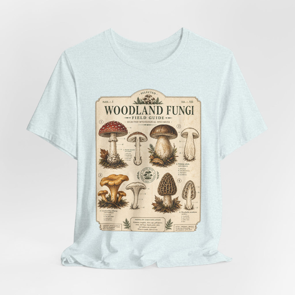Woodland Fungi Field Guide Tee in Pink - vintage fungi illustration graphic shirt, Barely Outdoorsy Bella Canvas