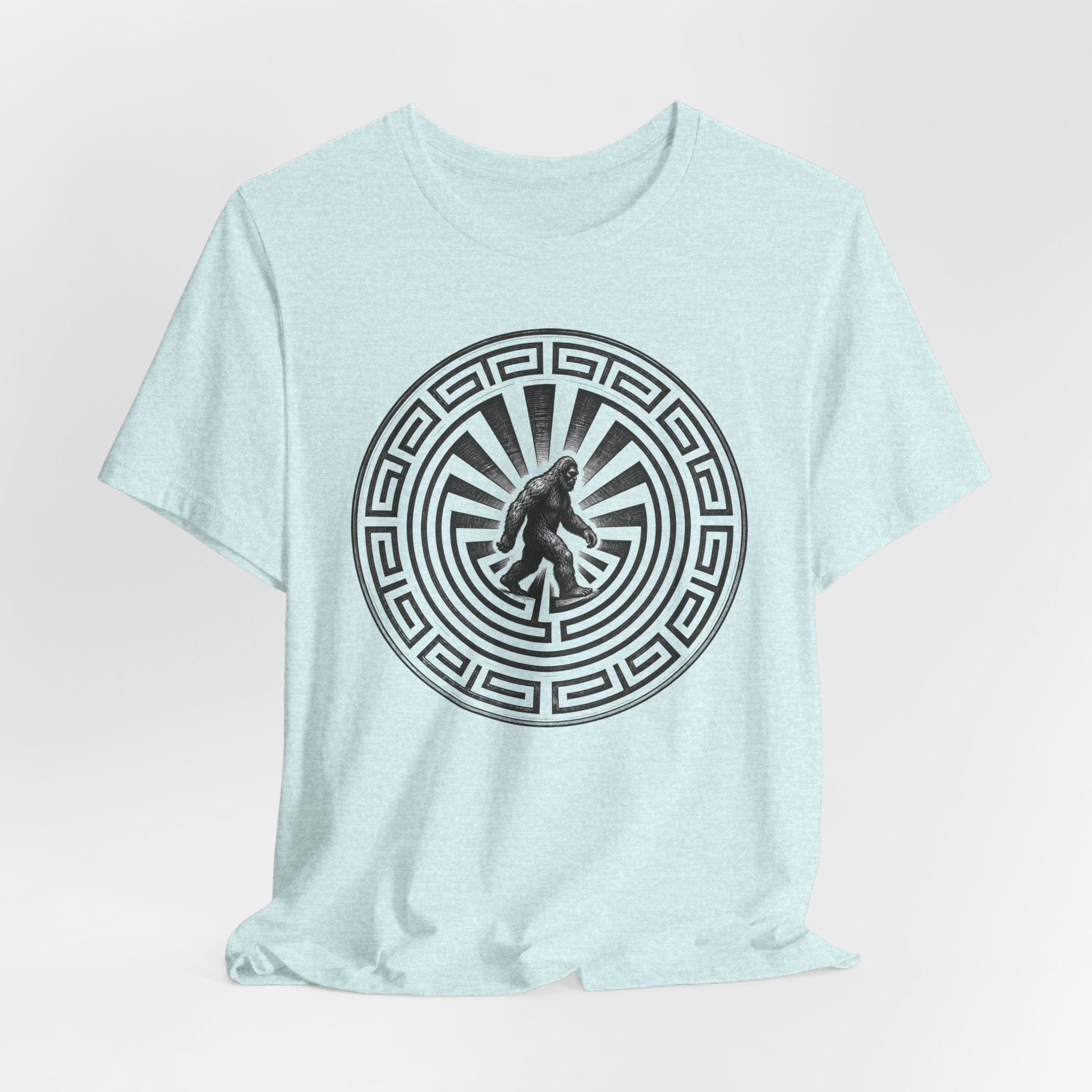 Bigfoot in a Maze Petroglyph Tee flat lay Athletic Heather - unisex crew neck Bigfoot petroglyph graphic tee, Barely Outdoorsy