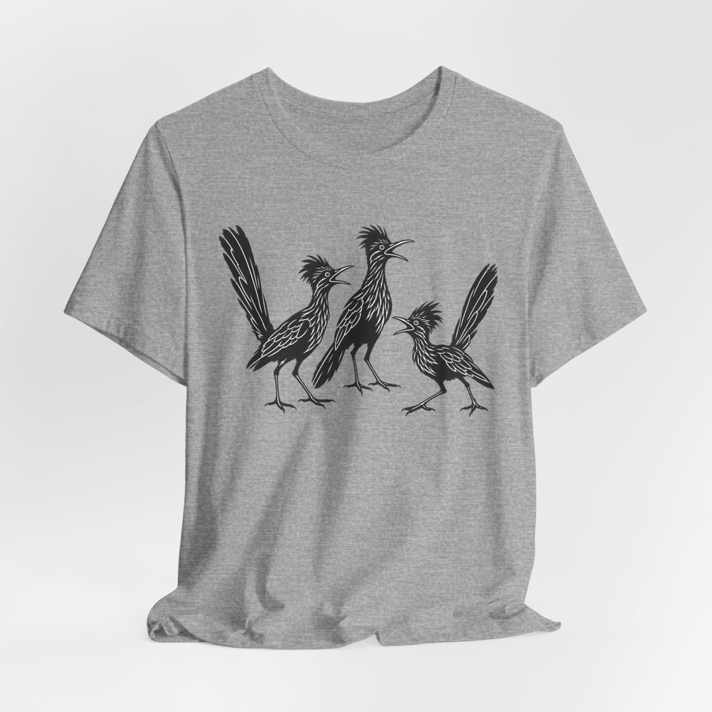 Roadrunner Gossip T-Shirt flat lay Athletic Heather - unisex crew neck roadrunner humor graphic tee, Barely Outdoorsy