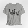 Roadrunner Gossip T-Shirt flat lay Athletic Heather - unisex crew neck roadrunner humor graphic tee, Barely Outdoorsy