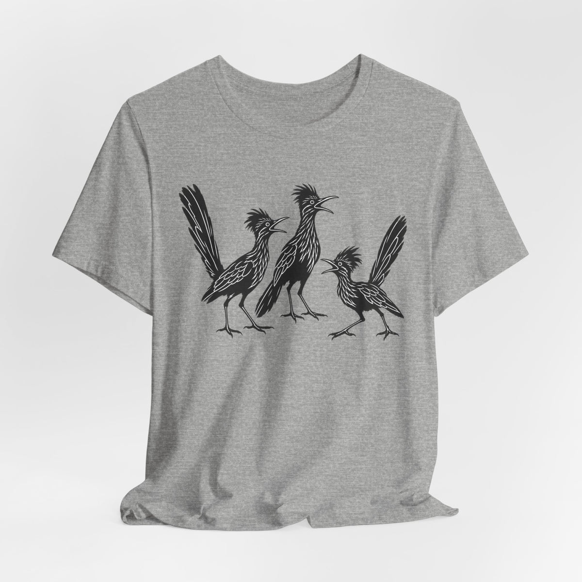 Roadrunner Gossip T-Shirt flat lay Athletic Heather - unisex crew neck roadrunner humor graphic tee, Barely Outdoorsy