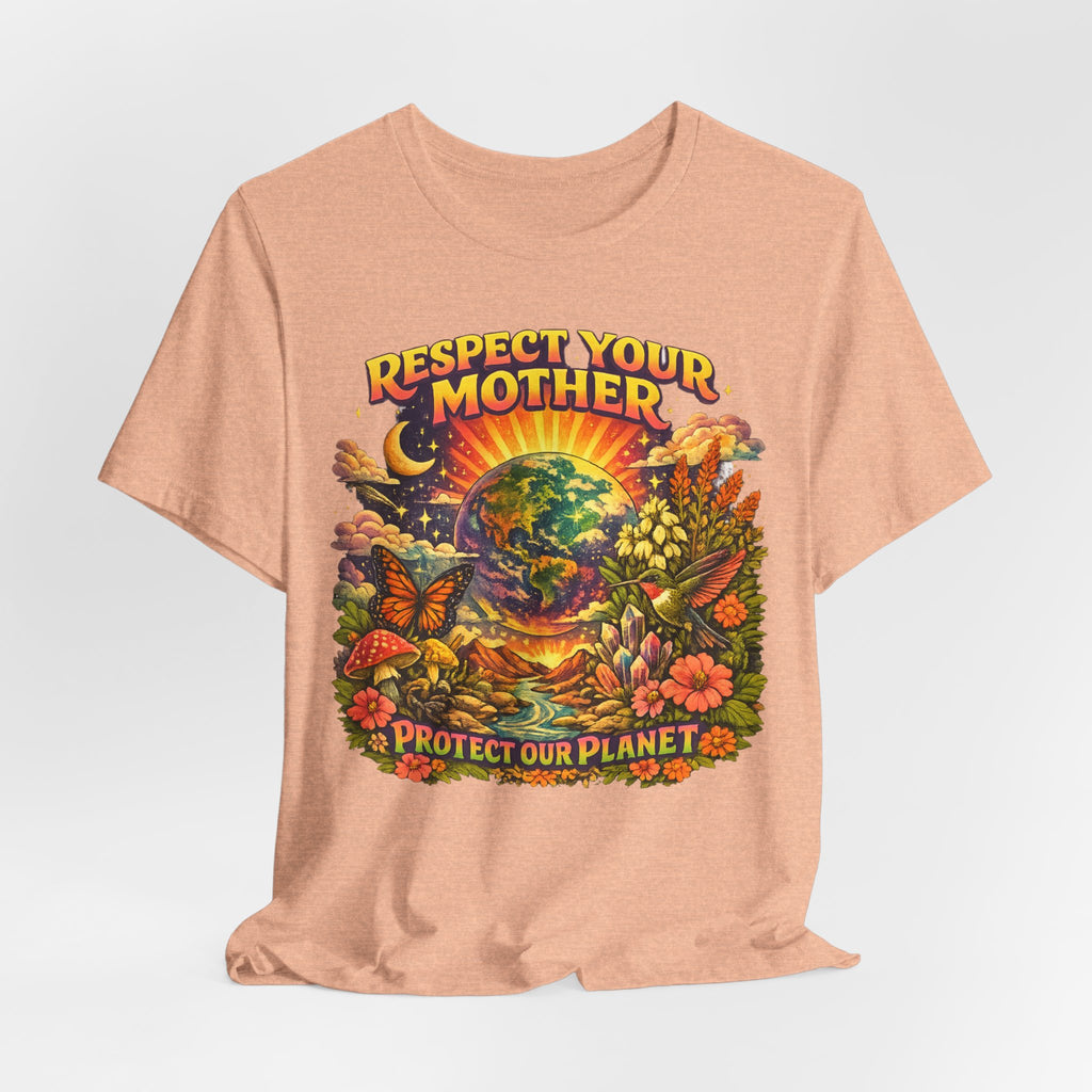 Respect Your Mother Protect Our Planet Tee in Heather Peach - retro planet hummingbird crystal nature shirt, Barely Outdoorsy Bella Canvas