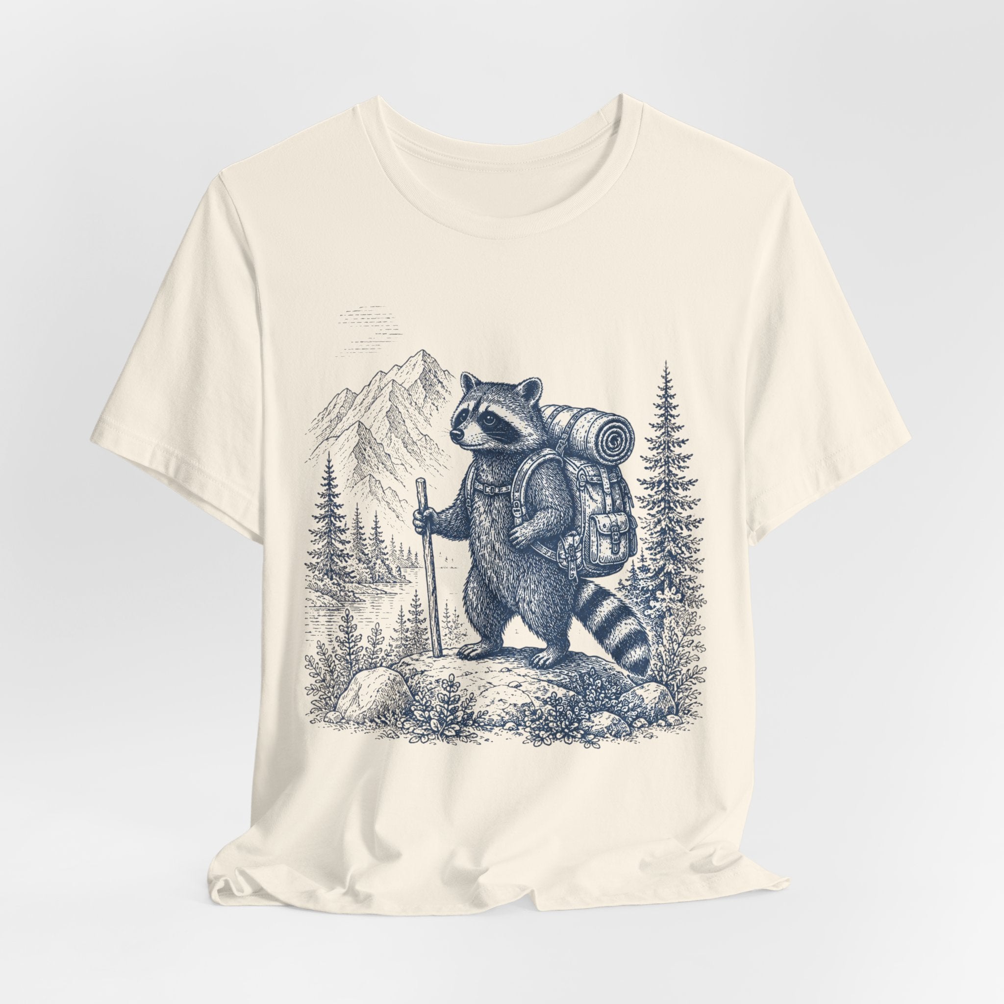 Backpacking Raccoon Hiking T-Shirt in Athletic Heather - funny raccoon backpacking hiking graphic tee, Barely Outdoorsy Bella Canvas 3001