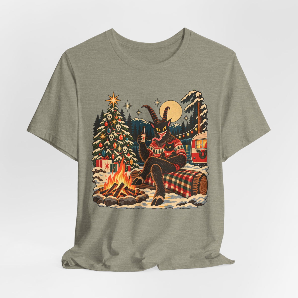 Krampus Campfire Christmas T-Shirt in Dark Grey Heather - funny dark Krampus campfire Christmas holiday graphic tee, Barely Outdoorsy Bella Canvas 3001
