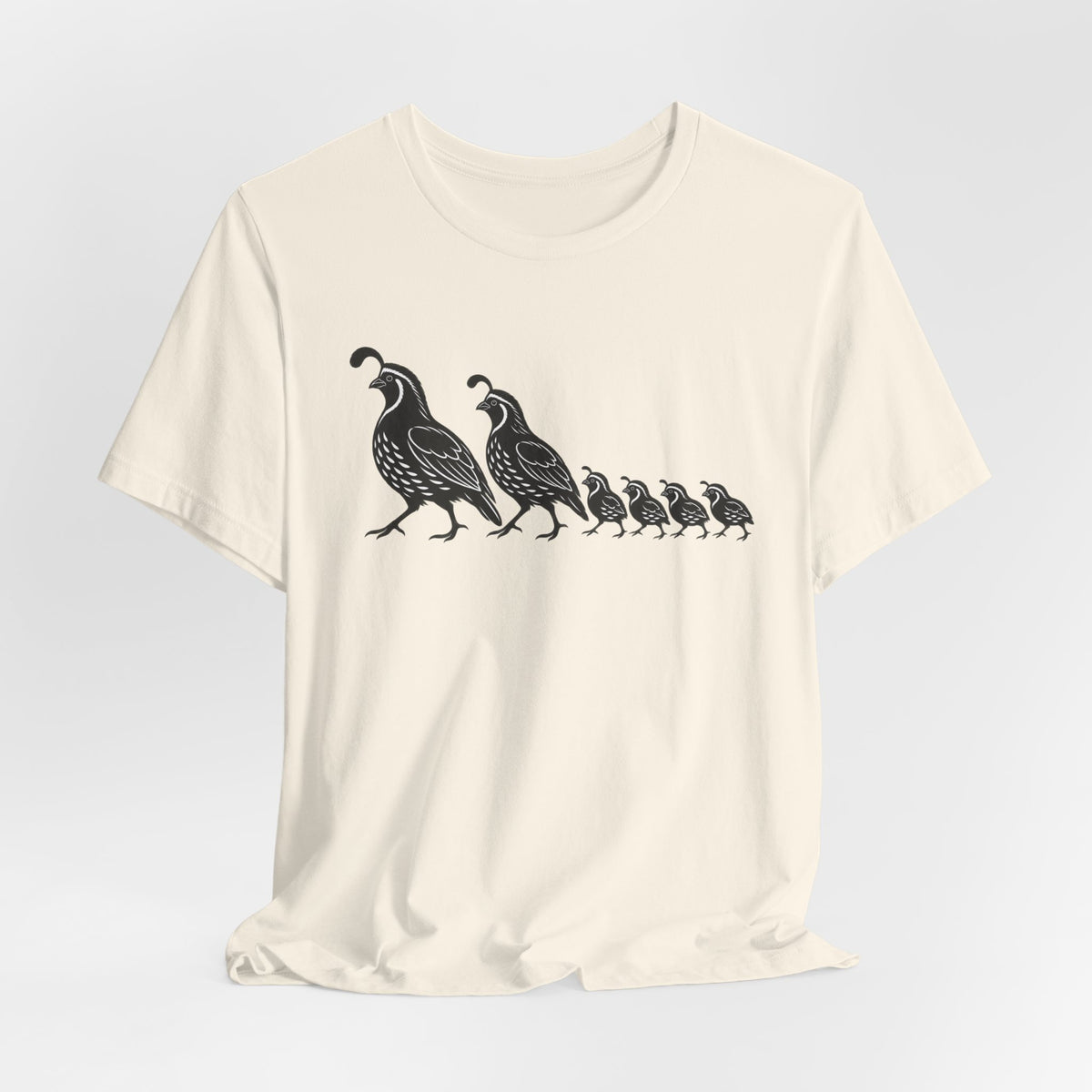 Quail Family Walk T-Shirt in Athletic Heather - sweet Gambel's quail family walk graphic tee, Barely Outdoorsy Bella Canvas 3001