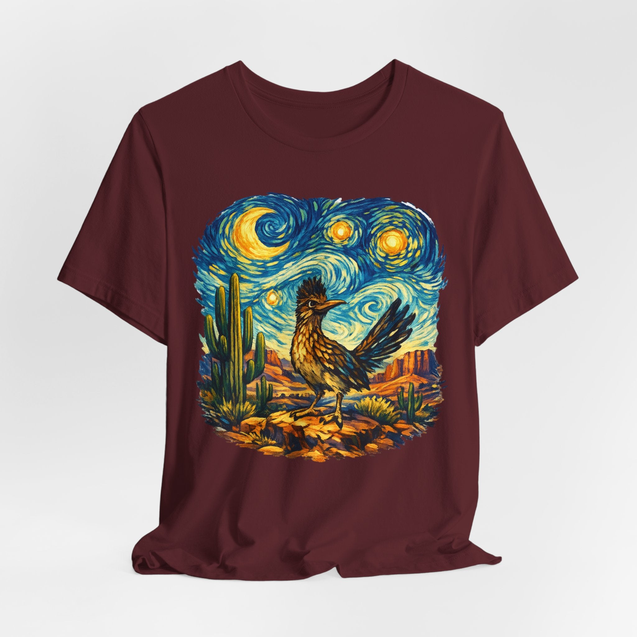 Starry Night Roadrunner T-Shirt in Heather Prism Lilac - Van Gogh roadrunner swirling stars graphic tee, Barely Outdoorsy