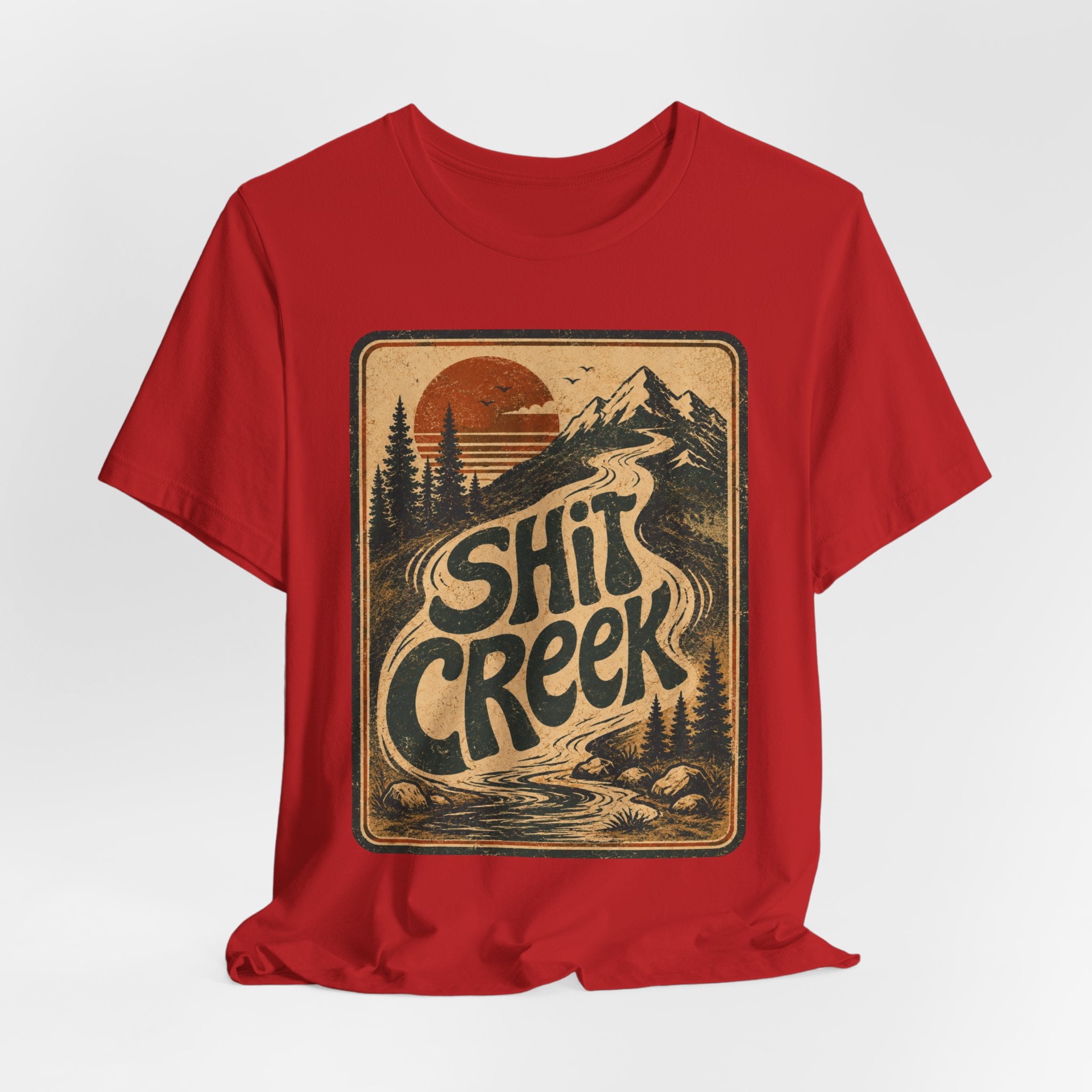 Shit Creek Retro Mountain Tee flat lay Athletic Heather - unisex crew neck retro mountain graphic tee, Barely Outdoorsy