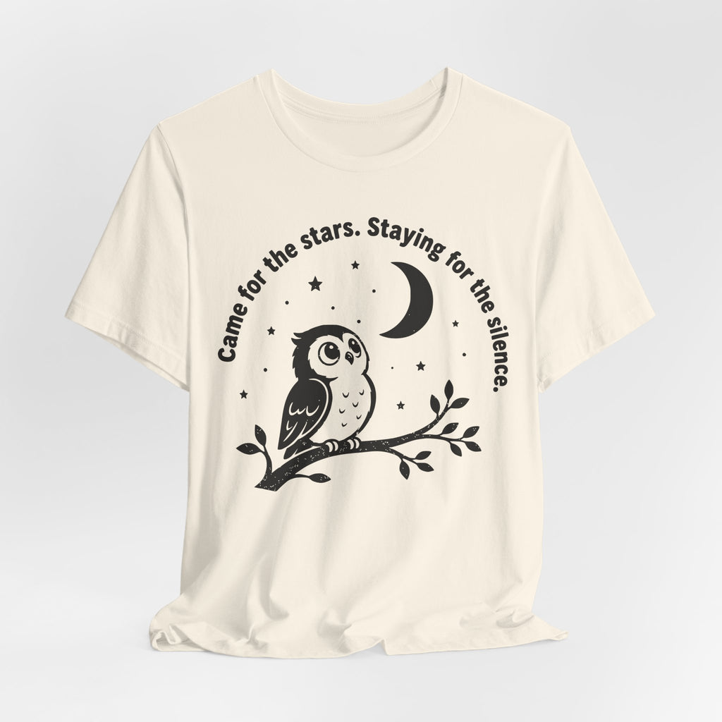 Came For The Stars Staying For The Silence T-Shirt in Athletic Heather - owl moonlit night sky graphic tee, Barely Outdoorsy Bella Canvas 3001