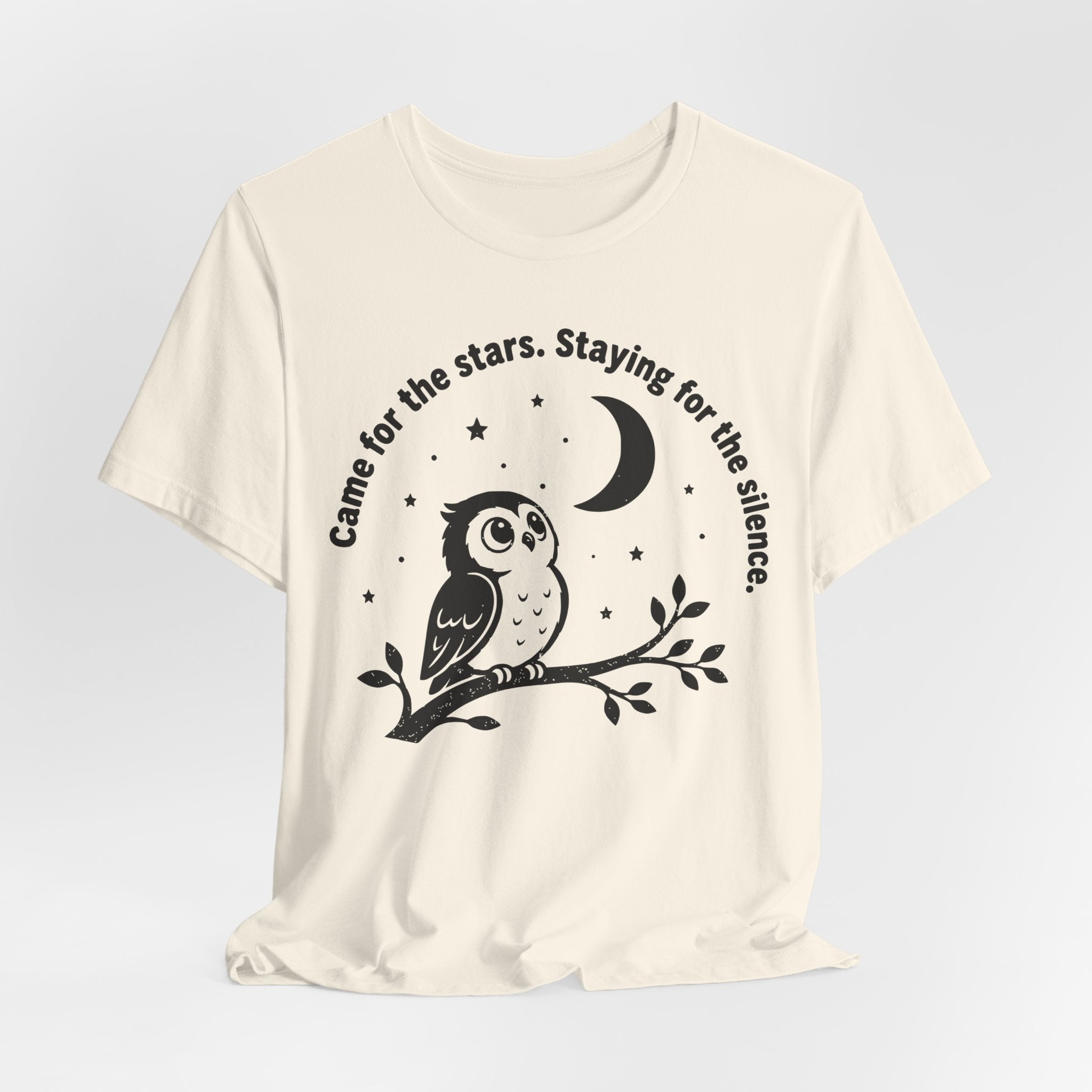 Came For The Stars Staying For The Silence T-Shirt in Athletic Heather - owl moonlit night sky graphic tee, Barely Outdoorsy Bella Canvas 3001