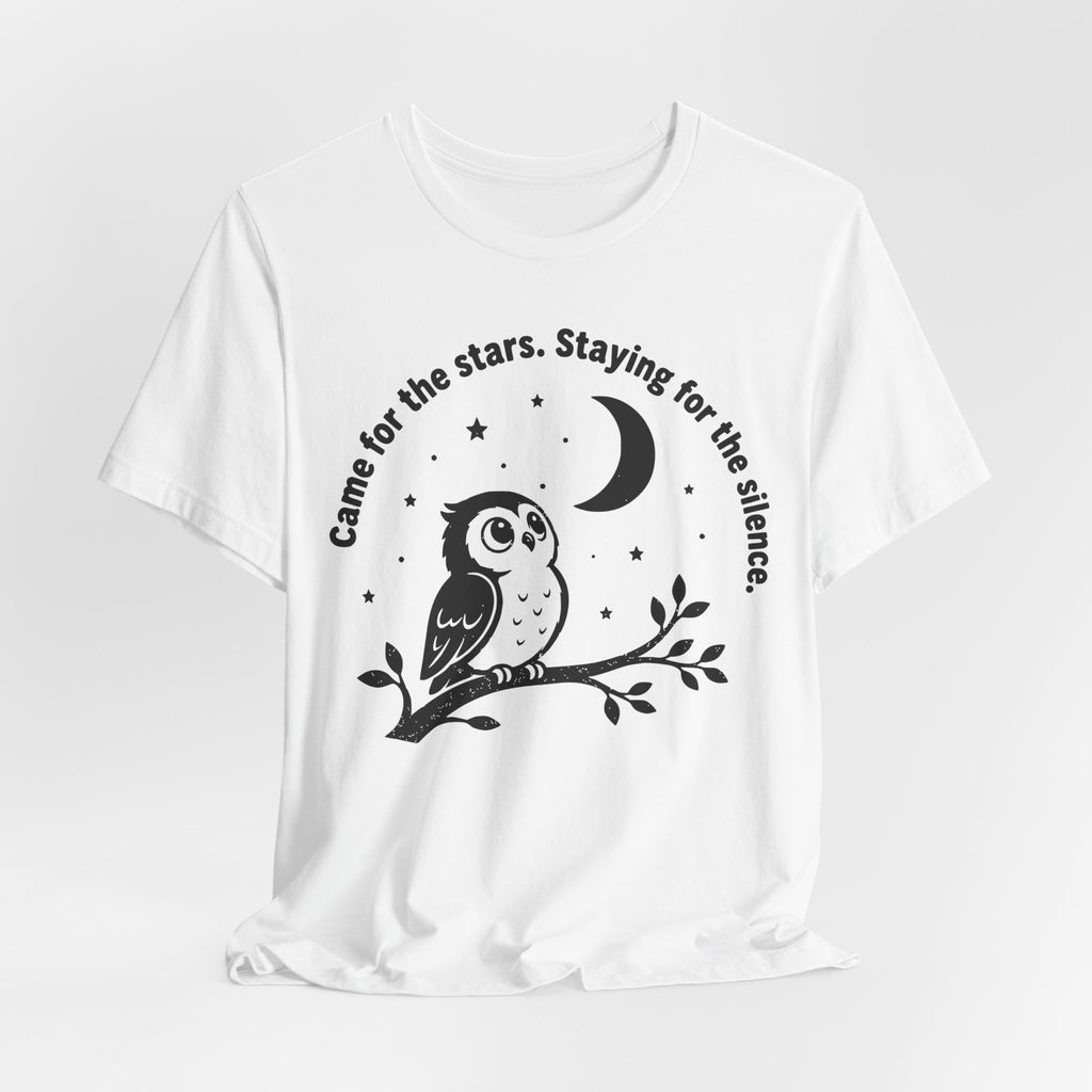Came For The Stars Staying For The Silence Tee in Heather Peach - owl moonlit branch camping humor shirt, Barely Outdoorsy Bella Canvas