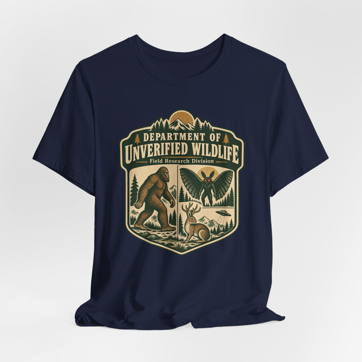 Department of Unverified Wildlife T-Shirt in Navy detail - cryptid department humor close-up graphic