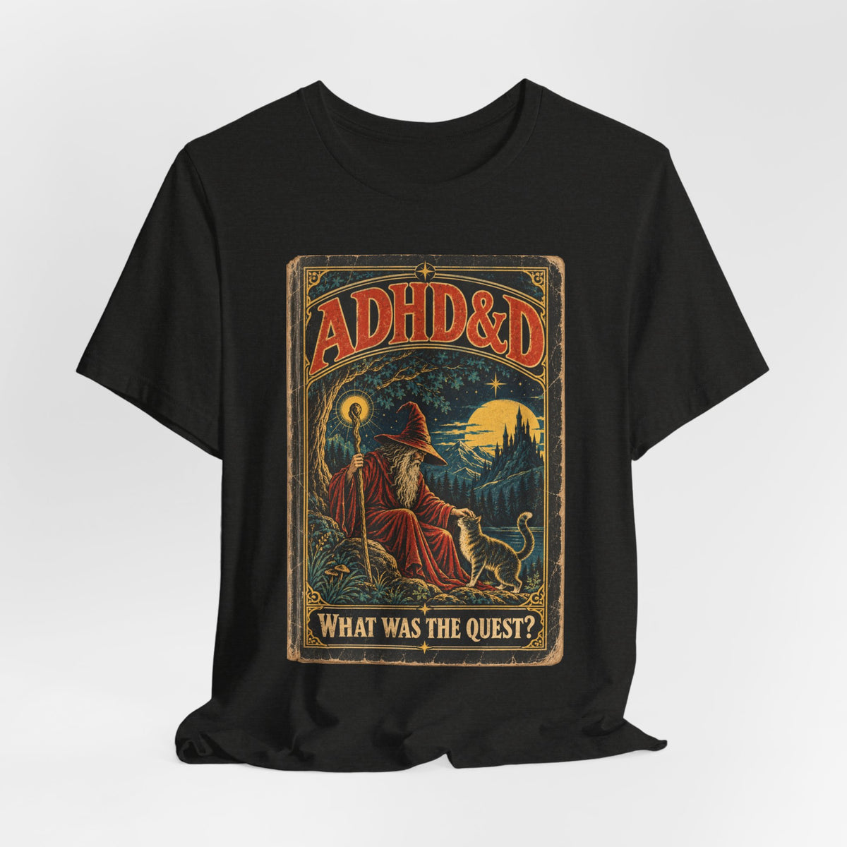 ADHD&D What Was the Quest T-Shirt in Heather Cool Grey - funny ADHD neurodivergent D&D RPG parody graphic tee, Barely Outdoorsy