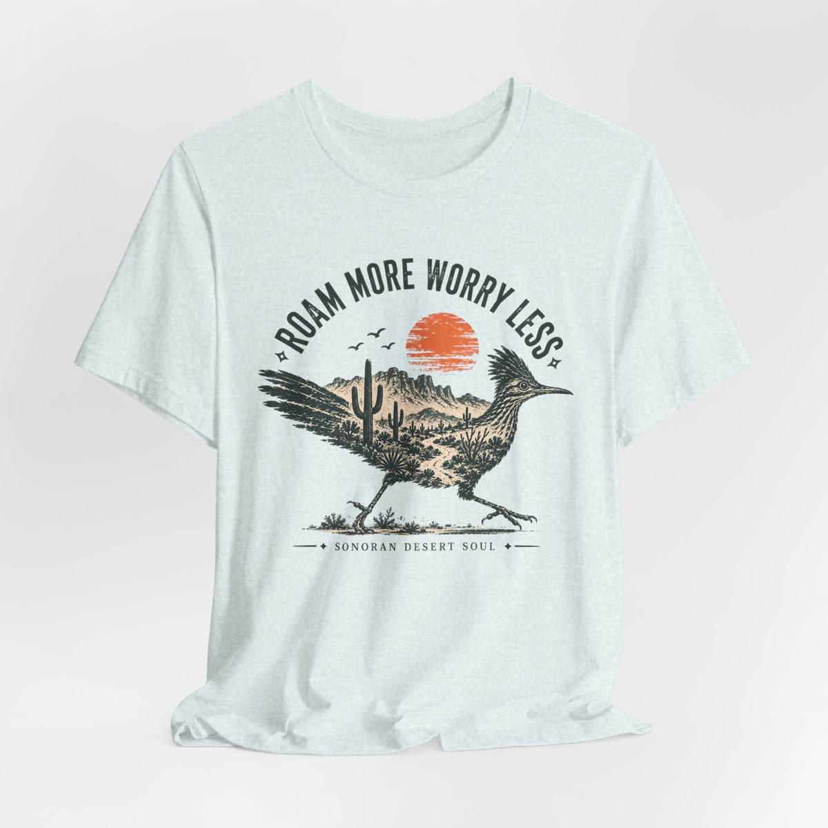 Roam More Worry Less Roadrunner Tee flat lay Heather True Royal - unisex crew neck roadrunner graphic tee, Barely Outdoorsy