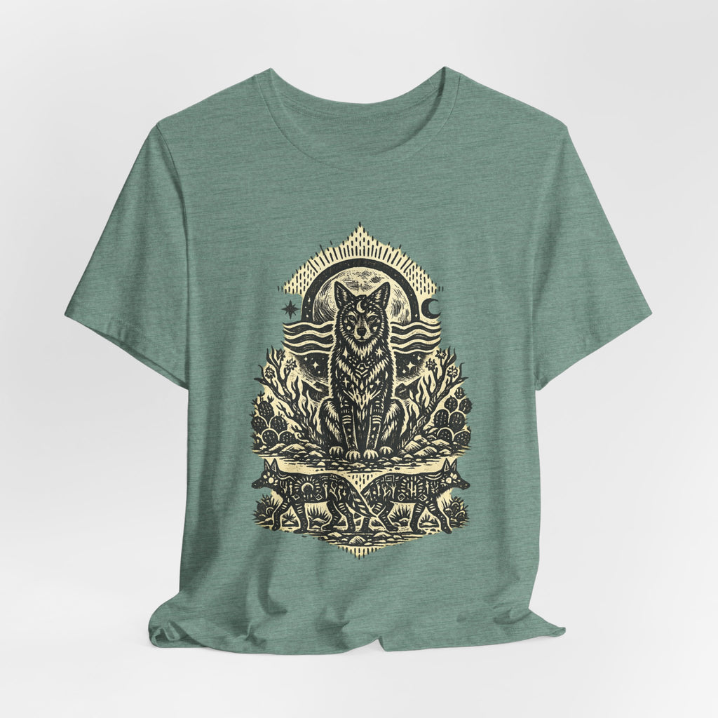 Moonlit Coyote Linocut T-Shirt in Dark Grey Heather - Southwest linocut moonlit coyote woodcut graphic tee, Barely Outdoorsy Bella Canvas 3001