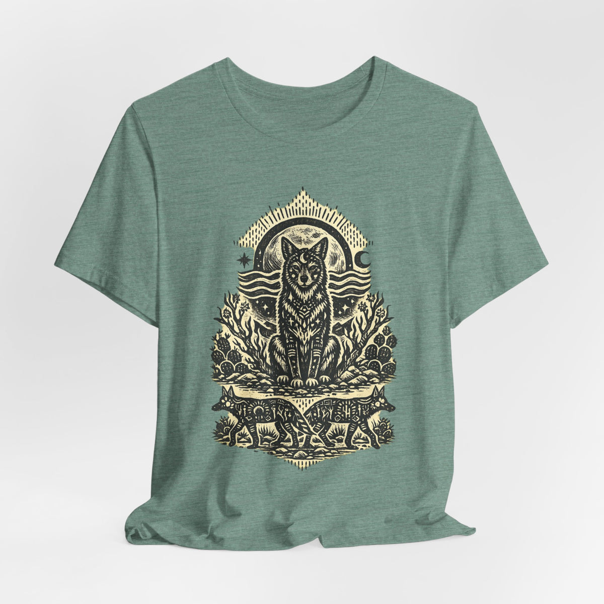Moonlit Coyote Linocut T-Shirt in Dark Grey Heather - Southwest linocut moonlit coyote woodcut graphic tee, Barely Outdoorsy Bella Canvas 3001