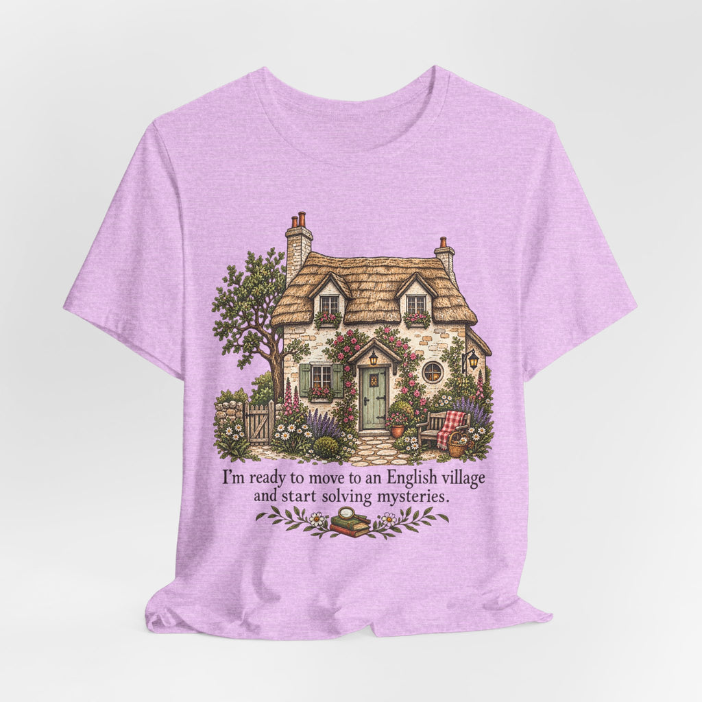 English Village Mysteries Cozy Tee in Heather Peach - funny cozy mystery English village shirt, Barely Outdoorsy Bella Canvas 3001