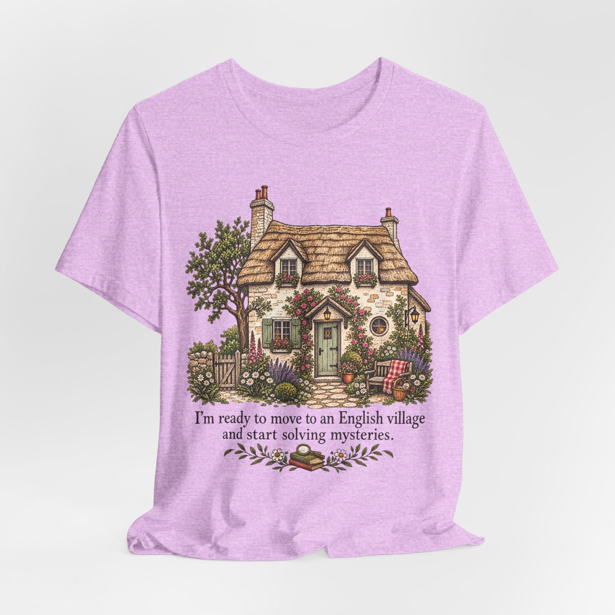 English Village Mysteries Cozy Tee in Heather Peach - funny cozy mystery English village shirt, Barely Outdoorsy Bella Canvas 3001