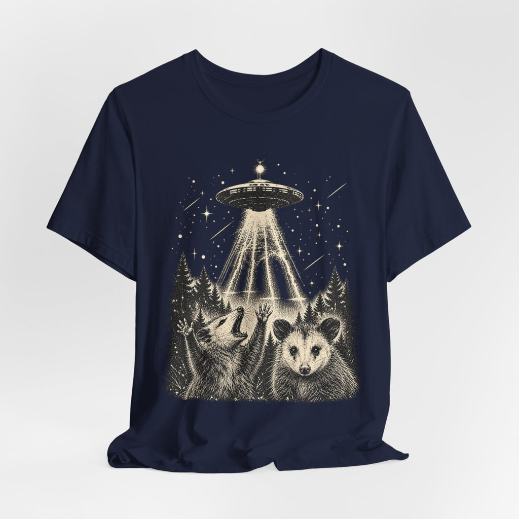 UFO Opossum Abduction Tee in Heather Peach - funny goblincore opossum UFO shirt, Barely Outdoorsy Bella Canvas