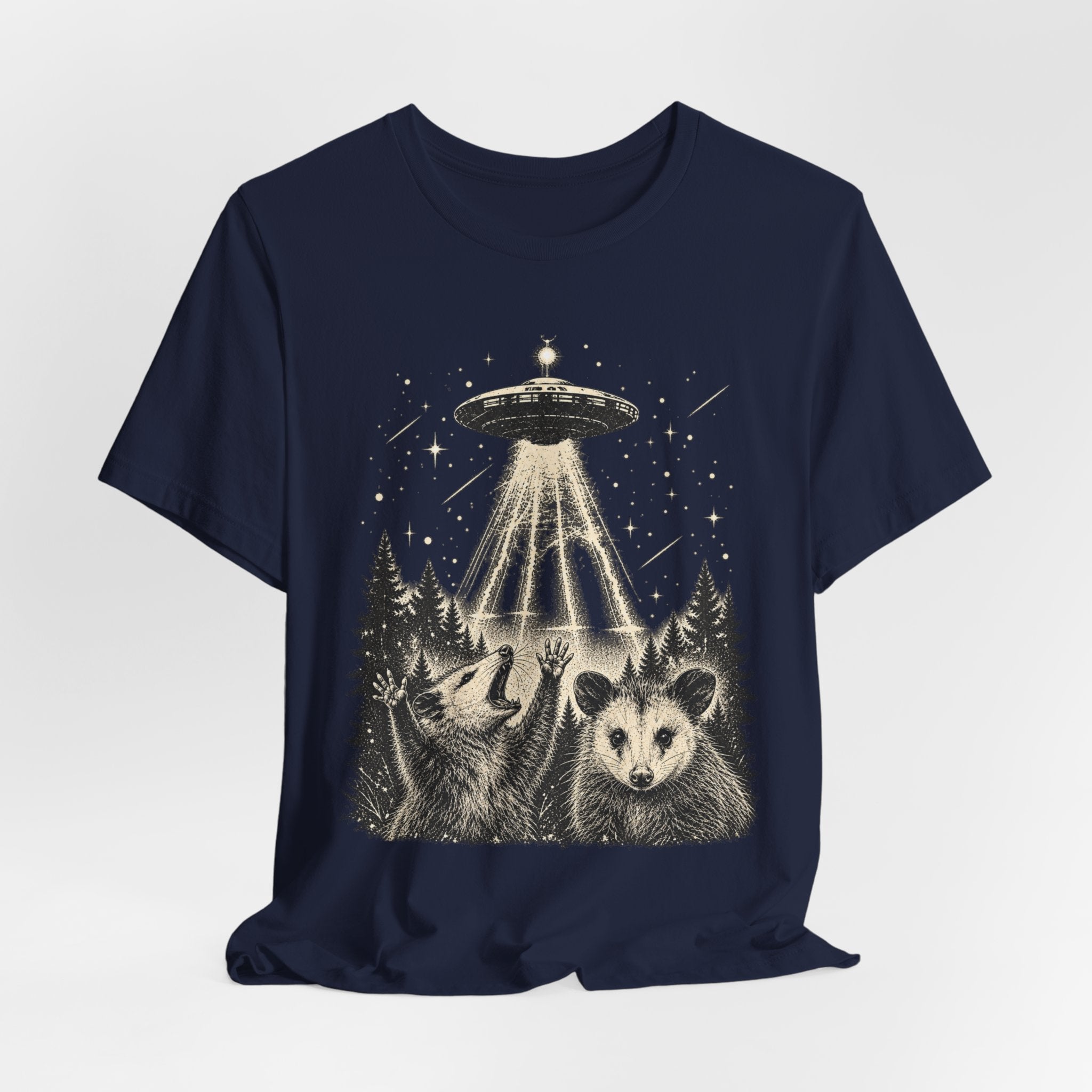 UFO Opossum Abduction Tee in Heather Peach - funny goblincore opossum UFO shirt, Barely Outdoorsy Bella Canvas