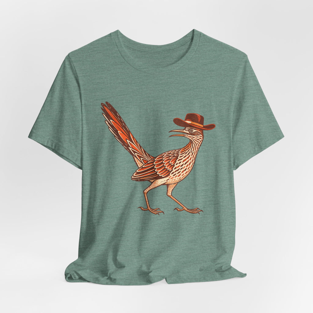 Cowboy Roadrunner T-Shirt in Dark Grey Heather - funny Southwest cowboy roadrunner humor graphic tee, Barely Outdoorsy Bella Canvas 3001