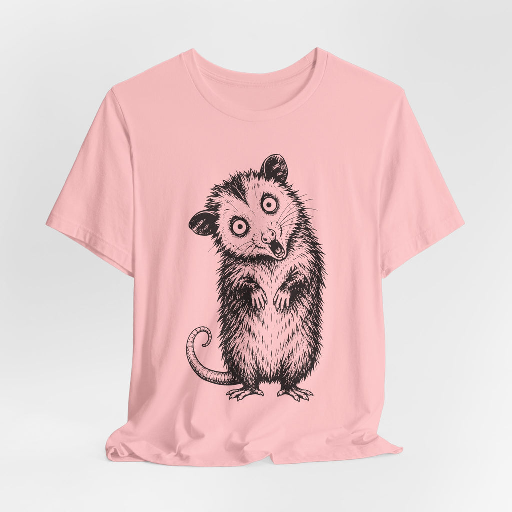 Unhinged Opossum T-Shirt in White worn shot - funny unhinged possum shirt, Barely Outdoorsy
