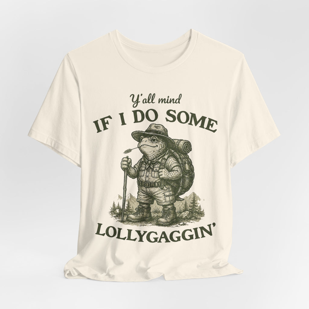 Lollygaggin' Tortoise Funny Hiking T-Shirt in Athletic Heather - funny slow hiker tortoise hiking club graphic tee, Barely Outdoorsy Bella Canvas 3001