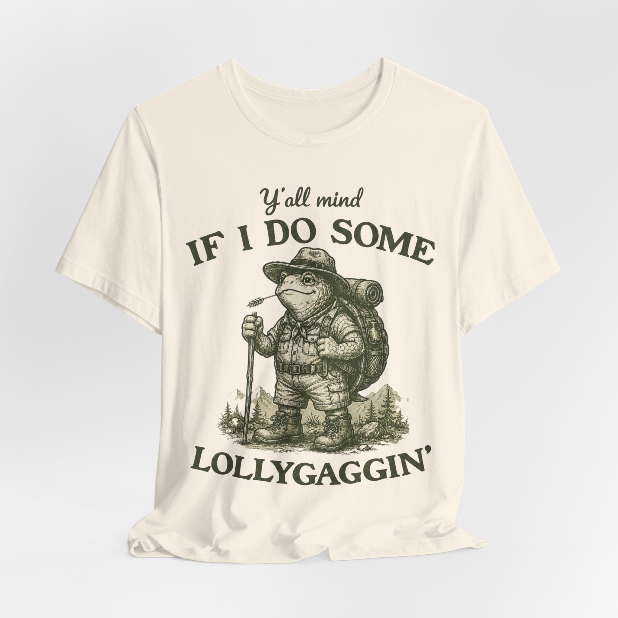 Lollygaggin' Tortoise Funny Hiking T-Shirt in Athletic Heather - funny slow hiker tortoise hiking club graphic tee, Barely Outdoorsy Bella Canvas 3001