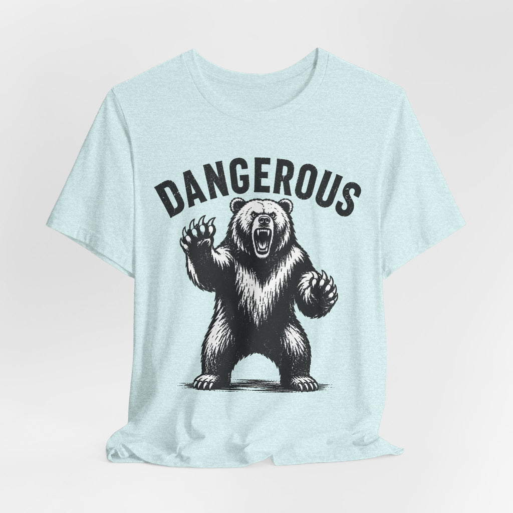 Dangerous Bear Grizzly Tee in Heather True Royal detail - dangerous bear park sign close-up graphic